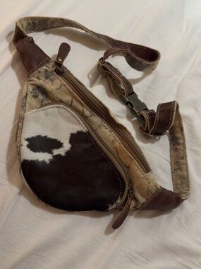 Brown and Cream Cowhide Canvas Sling Bag - Men